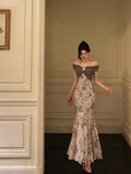 Mermaid Off The Shoulder Floral Long Prom Dresses Birthday Outfits SD733