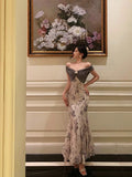Mermaid Off The Shoulder Floral Long Prom Dresses Birthday Outfits SD733