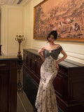 Mermaid Off The Shoulder Floral Long Prom Dresses Birthday Outfits SD733