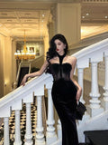 Sheath High Neckline Black Velvet Long Prom Dresses Birthday Outfits SD737