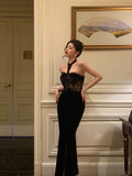 Sheath High Neckline Black Velvet Long Prom Dresses Birthday Outfits SD737