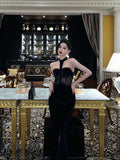 Sheath High Neckline Black Velvet Long Prom Dresses Birthday Outfits SD737