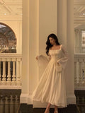 A Line Square Neckline Long Sleeves Ivory Date Night Dress Prom Dresses Birthday Outfit SD740