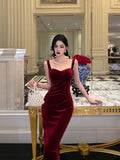 Sheath Straps Burgundy Velvet Date Night Dress Prom Dresses Birthday Outfit SD747