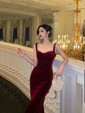 Sheath Straps Burgundy Velvet Date Night Dress Prom Dresses Birthday Outfit SD747