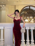 Sheath Straps Burgundy Velvet Date Night Dress Prom Dresses Birthday Outfit SD747