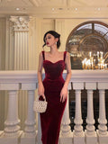 Sheath Straps Burgundy Velvet Date Night Dress Prom Dresses Birthday Outfit SD747