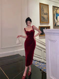 Sheath Straps Burgundy Velvet Date Night Dress Prom Dresses Birthday Outfit SD747