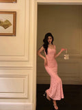 Sheath Square Neckline Pink Lace Prom Dresses Birthday Outfits SD749