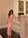 Sheath Square Neckline Pink Lace Prom Dresses Birthday Outfits SD749