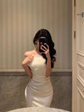 Sheath Off The Shoulder White Satin Date Night Dress Prom Dresses Birthday Outfit SD752