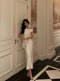 Sheath Off The Shoulder White Satin Date Night Dress Prom Dresses Birthday Outfit SD752