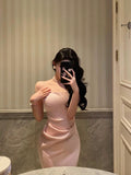 Sheath Spaghetti Straps Long Pink Slit Satin Date Night Dress Prom Dresses Birthday Outfit SD756