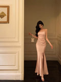 Sheath Spaghetti Straps Long Pink Slit Satin Date Night Dress Prom Dresses Birthday Outfit SD756