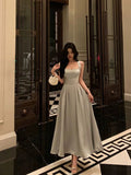 A line Straps Date Night Dress Dusty Gray Satin Prom Dresses Birthday Outfit SD757