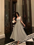 A line Straps Date Night Dress Dusty Gray Satin Prom Dresses Birthday Outfit SD757