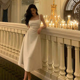 A line Spaghetti Straps White Satin Date Night Dress Prom Dresses Birthday Outfit SD758