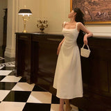 A line Spaghetti Straps White Satin Date Night Dress Prom Dresses Birthday Outfit SD758