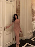 Sheath Square Neckline Long Sleeves Pink Prom Dresses Birthday Outfits SD759