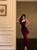 Sheath Square Neckline Burgundy Velvet Date Night Dress Prom Dresses Birthday Outfits SD761