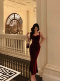Sheath Square Neckline Burgundy Velvet Date Night Dress Prom Dresses Birthday Outfits SD761