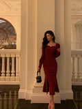Sheath Square Neckline Red Date Night Dress Prom Dresses Birthday Outfit SD762