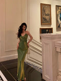Sheath Halter Green Satin Date Night Dress Prom Dresses Birthday Outfits SD763