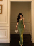 Sheath Halter Green Satin Date Night Dress Prom Dresses Birthday Outfits SD763