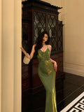 Sheath Halter Green Satin Date Night Dress Prom Dresses Birthday Outfits SD763