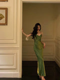 Sheath Halter Green Satin Date Night Dress Prom Dresses Birthday Outfits SD763