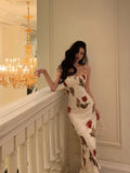 Sheath Spaghetti Straps White Satin Red Floral Long Prom Dresses Birthday Outfit SD774