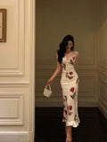 Sheath Spaghetti Straps White Satin Red Floral Long Prom Dresses Birthday Outfit SD774