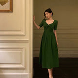 A Line Square Neckline Half Sleeves Dark Green Pleated Prom Dresses Birthday Outfit SD775