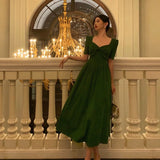 A Line Square Neckline Half Sleeves Dark Green Pleated Prom Dresses Birthday Outfit SD775
