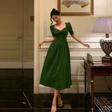 A Line Square Neckline Half Sleeves Dark Green Pleated Prom Dresses Birthday Outfit SD775