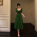 A Line Square Neckline Half Sleeves Dark Green Pleated Prom Dresses Birthday Outfit SD775