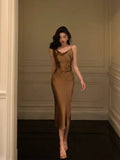 Sheath Spaghetti Straps Brown Satin Tea Length Slit Prom Dresses Birthday Outfit SD776