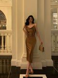Sheath Spaghetti Straps Brown Satin Tea Length Slit Prom Dresses Birthday Outfit SD776