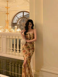 Mermaid Spaghetti Straps Floral Slit Long Prom Dresses Birthday Outfit SD777