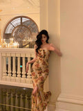Mermaid Spaghetti Straps Floral Slit Long Prom Dresses Birthday Outfit SD777