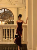 Sheath Spaghetti Straps Velvet Date Night Dress Red Prom Dresses Birthday Outfits SD780