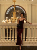 Sheath Spaghetti Straps Velvet Date Night Dress Red Prom Dresses Birthday Outfits SD780