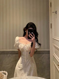A line Square Neckline Short Sleeves Floral Lace Prom Dresses Birthday Outfit SD782