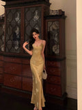 Mermaid Spaghetti Straps Floral Gold Long Prom Dresses Birthday Outfit SD783