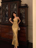 Mermaid Spaghetti Straps Floral Gold Long Prom Dresses Birthday Outfit SD783