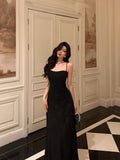 A line Spaghetti Straps Black Long Lace Prom Dresses Birthday Outfits Evening Gown SD789