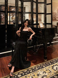 A line Spaghetti Straps Black Long Lace Prom Dresses Birthday Outfits Evening Gown SD789