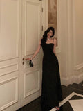 A line Spaghetti Straps Black Long Lace Prom Dresses Birthday Outfits Evening Gown SD789