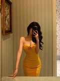 Sheath Spaghetti Straps Yellow Flower Prom Dresses Birthday Outfits Evening Gown SD791