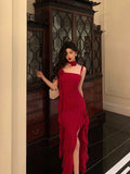 Sheath Spaghetti Straps Red Ruffles Date Night Dress Prom Dresses Birthday Outfit SD794